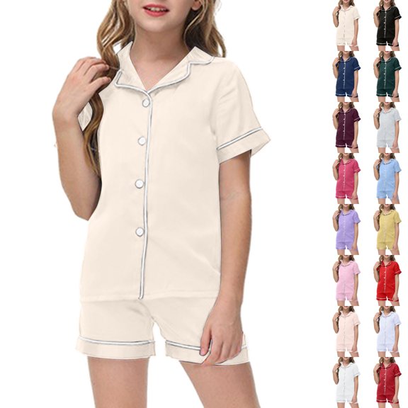 UJNDER Little Girl'S Summer One-Piece Button Down Short Sleeve Top With Shorts Two Piece Classic Loungewear Set For Kids Girls Pajama Set,Beige,2-3 Years