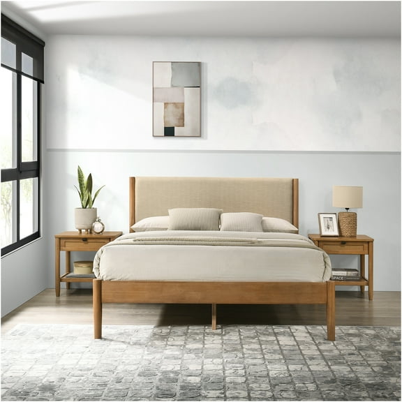 JERFIT Queen Platform Bedroom Set with 2 Nightstands, Walnut Finish Rubberwood Frame & Upholstered Headboard, Modern 3-Piece Bed Set, No Box Spring Needed