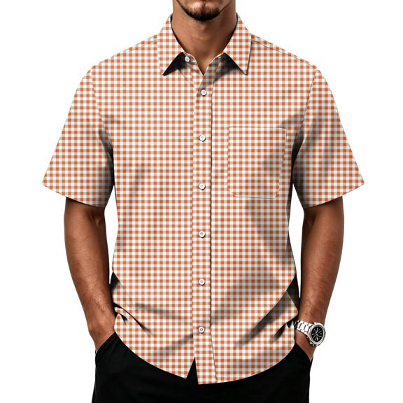 Casual Plaid Shirts for Men 3/4 Sleeve Button Up Checkered Tops Summer Lightweight Pocket Tee Mens Three Quarter Sleeve Shirt Orange 5XL