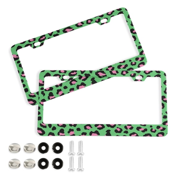 2-Pack Aluminum License Plate Frame with 2 Holes for GM License Plate Cover with Free Screws Powder Green Retro Leopard Print