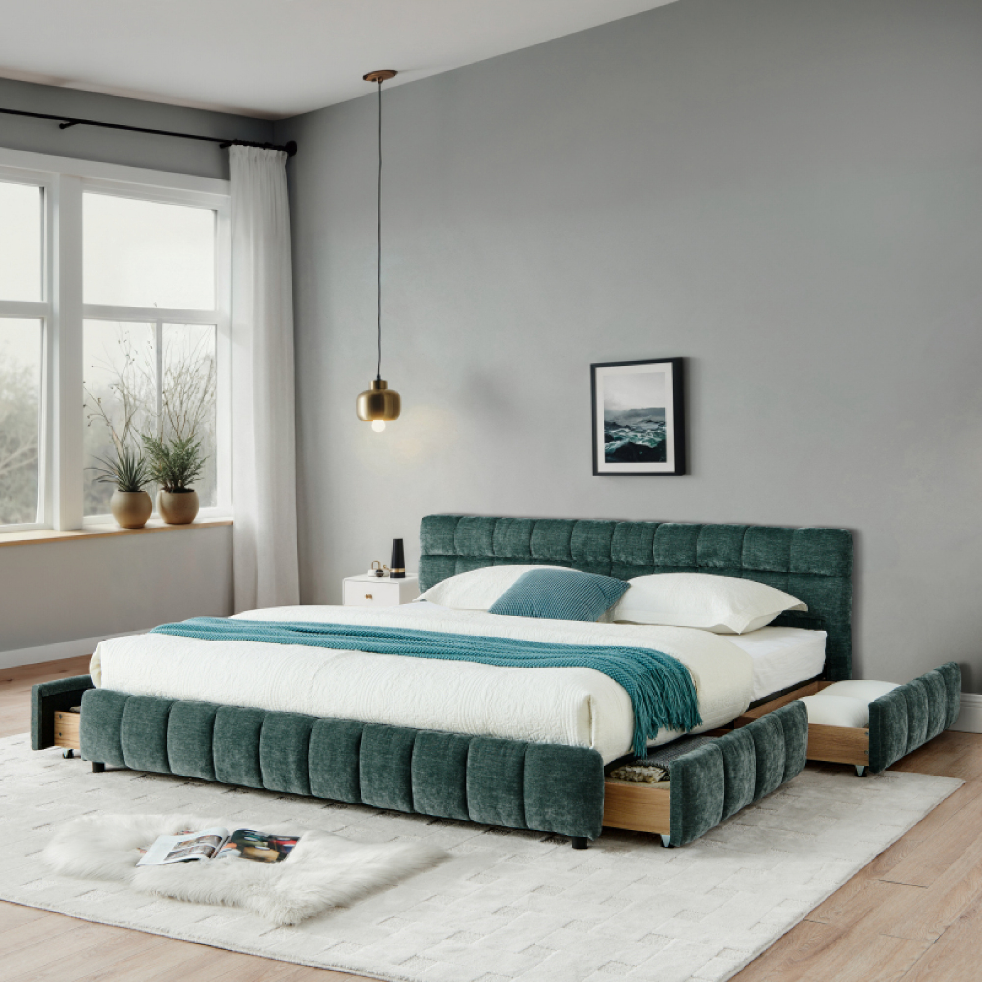 8.2 in Upholstered and Storage Drawer Upholstered Bed Frame, California King