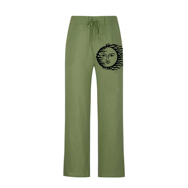 Wavsuf Mens Pants Elastic Waist Loose Leg Printed Cotton Linen Lounge Green Pants  Size 3XL 