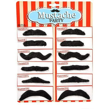 Party Mustache - 36 Pcs - 3 Cards of Adhesive Whiskers for Kids and Adults Costume Play Accessories 3.5 Inch Fake Beard Set Perfect for Cinco De Mayo, Cowboy Parties and Cool