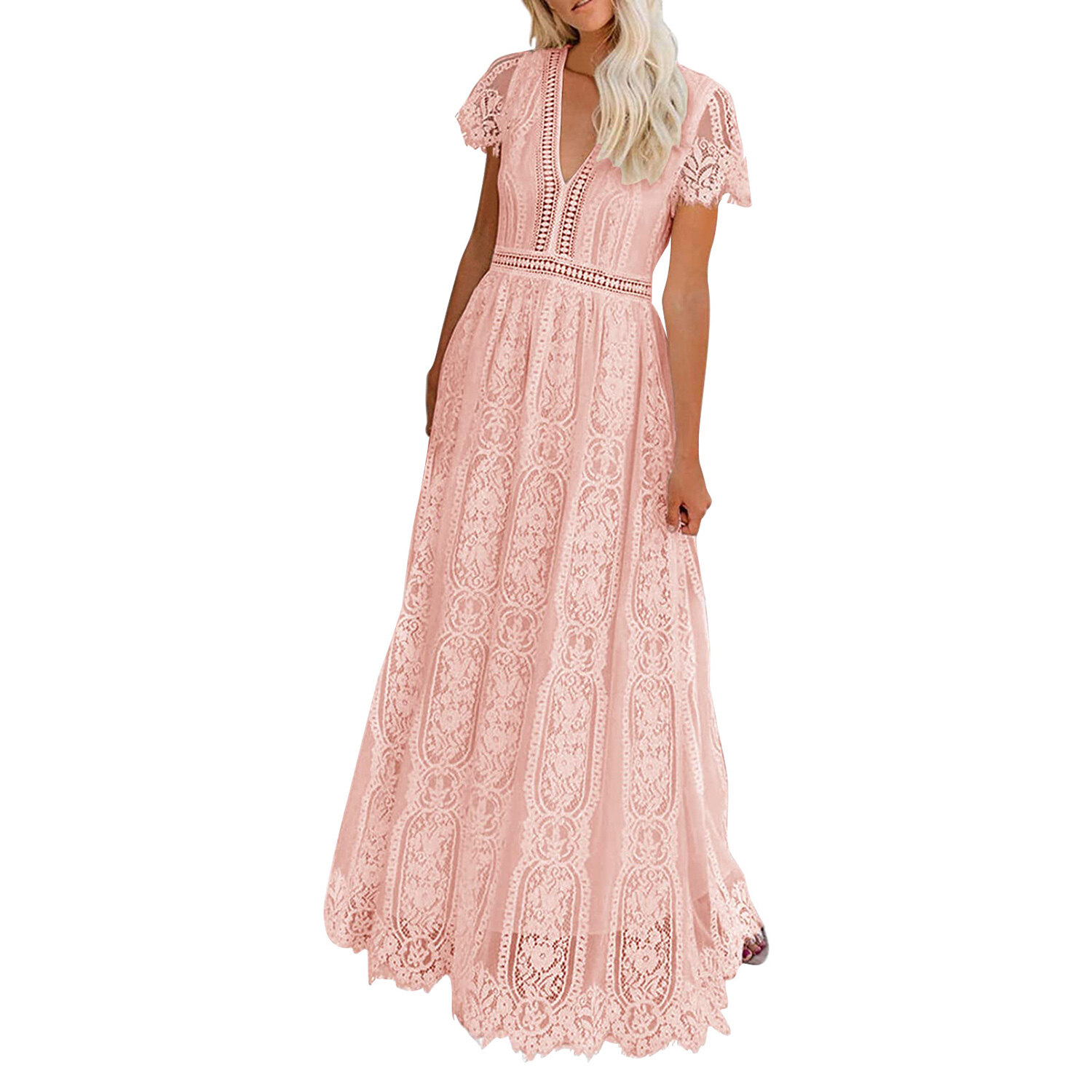  Miessial Women's V-Neck Lace Floral Long Dress Embroidery  Cocktail Wedding Guest Boho Maxi Dress B-Pink X-Large : Clothing, Shoes &  Jewelry