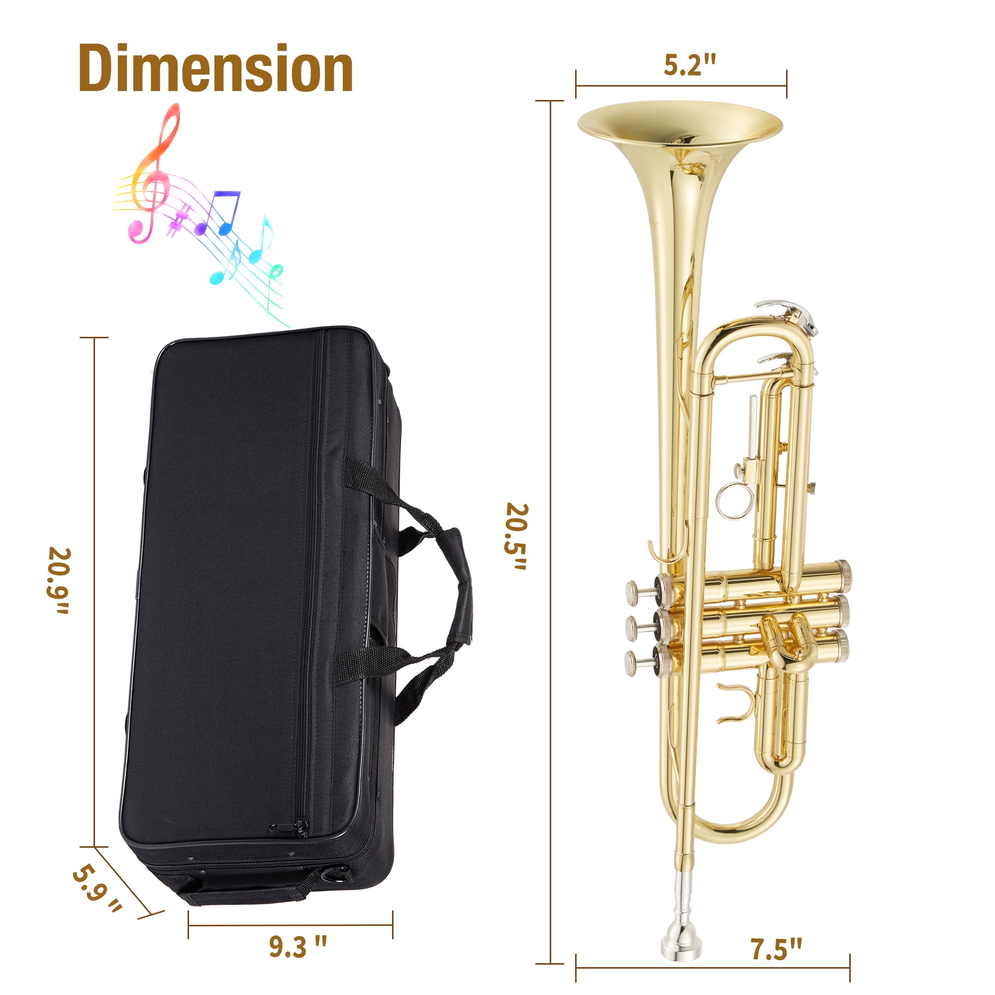 CazToi Bb Trumpet Brass Instrument Gold Lacquer Finish with Case Mouthpiece & Cleaning Kit