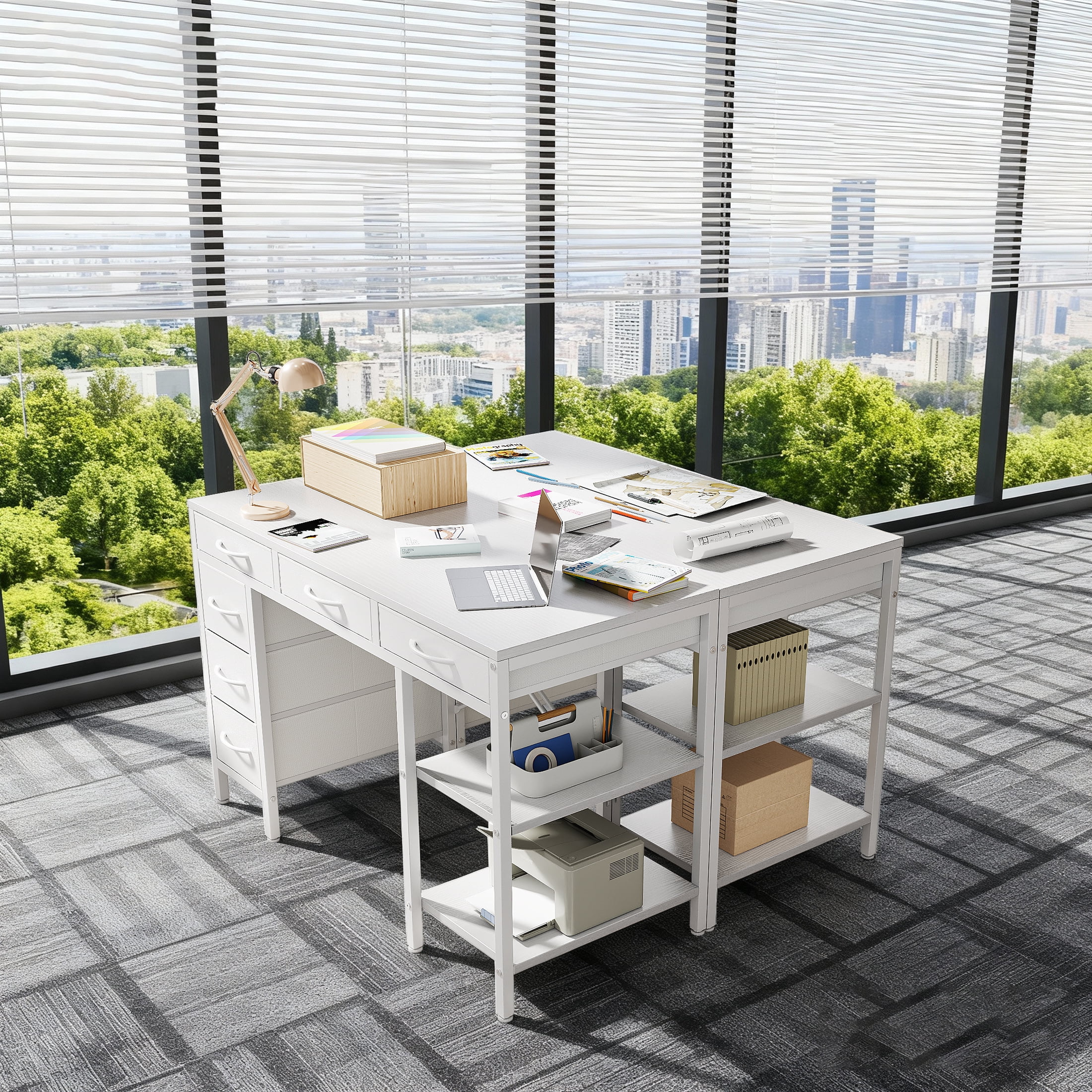 EDX 47 Inch Computer Desk with Fabric Drawers & Storage Shelves,Small Home Office Desk Study Table for Home office Bedroom,White