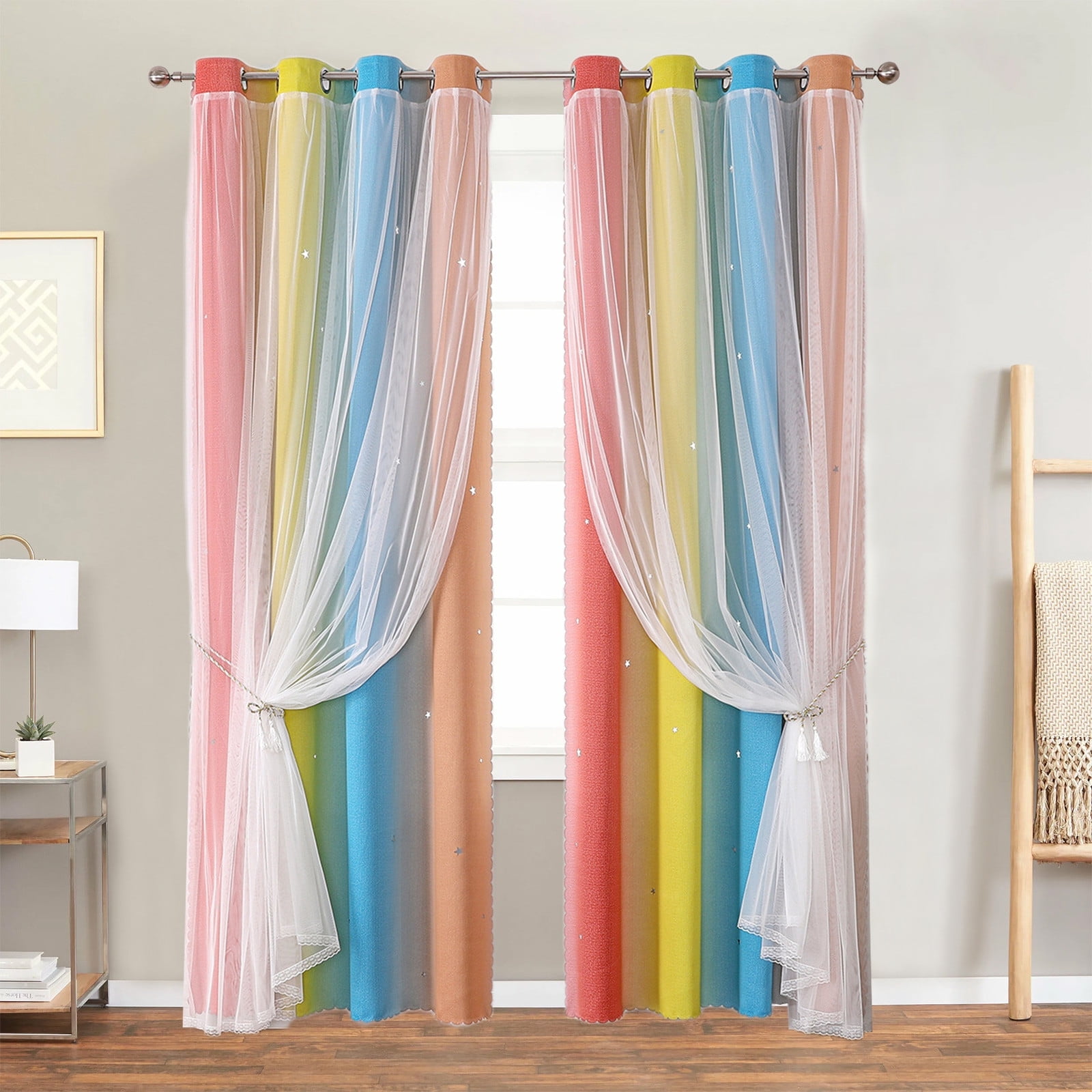 2-in-1 Double-Layer Kids & Girls Unicorn Princess Ombre Blackout Curtains with Foil Print Sheer,Panels for Bedroom, Nursery, Living Room - Yellow Purple Blue, 52W x 63L
