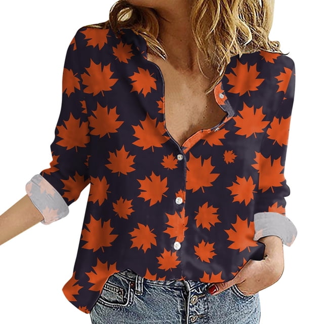 asddcavvf Blouse for Women Ladies Spring Autumn Print Casual Comfort Flowy Style Button Down Lapel L