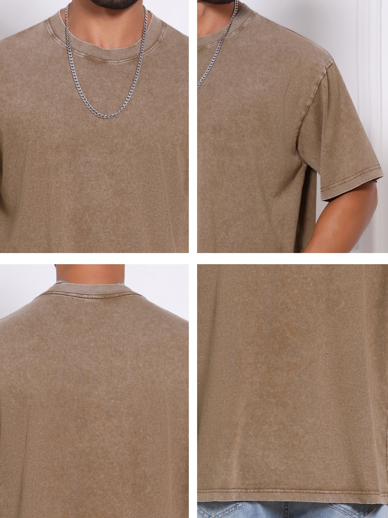 DARING DIVA Men's Retro Distressed Crew Neck Short Sleeve Solid T-Shirt S Brown