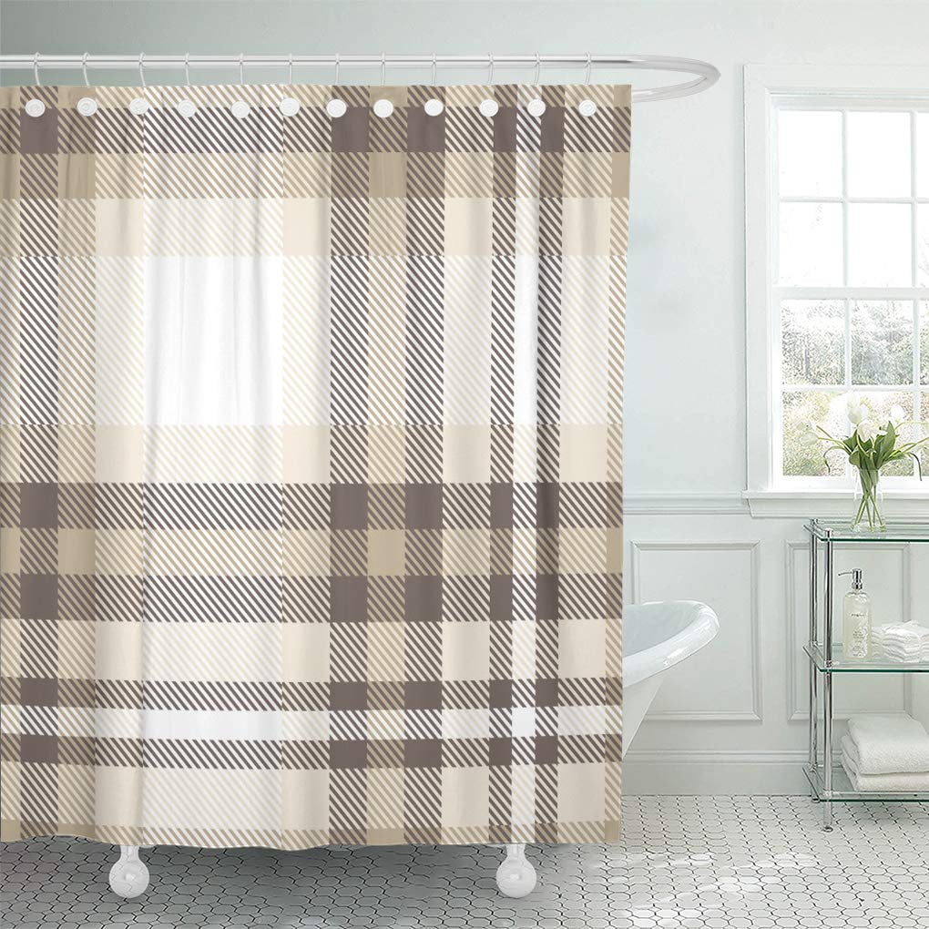 SUTTOM Brown Abstract Plaid Check Pattern in Taupe Beige Shower Curtain