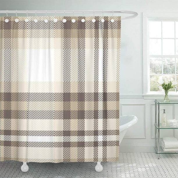 SUTTOM Brown Abstract Plaid Check Pattern in Taupe Beige Shower Curtain