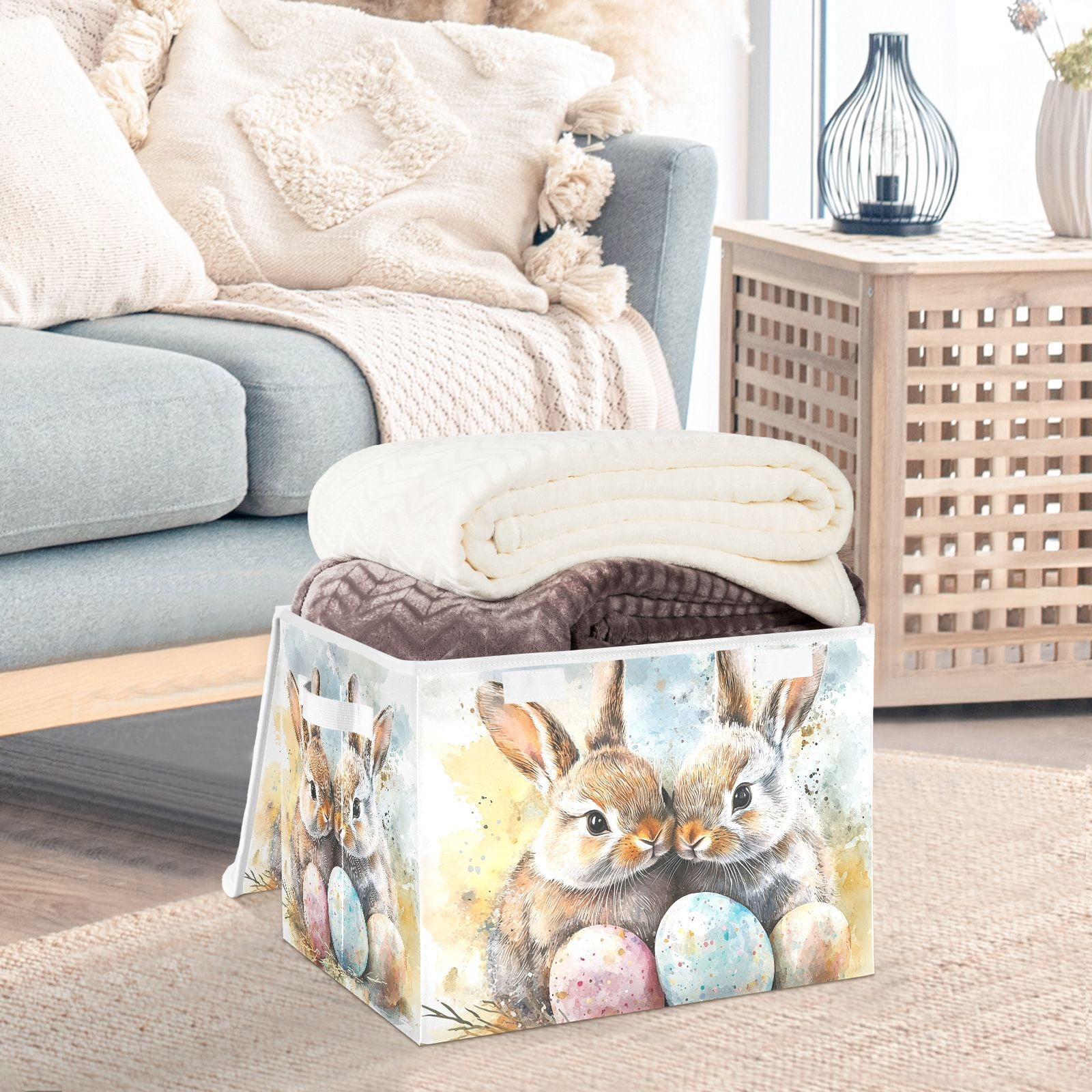 Bunnies Easter Eggs Storage Basket for Shelves Foldable Container Organizer for Organizing Toys Clothes Books with Handles