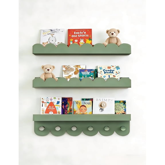 Nursery Book Shelves with Hooks, Scalloped Shelves for Bedroom Set of 3, Kids Bookshelf for Wall, 16Inches, Sage