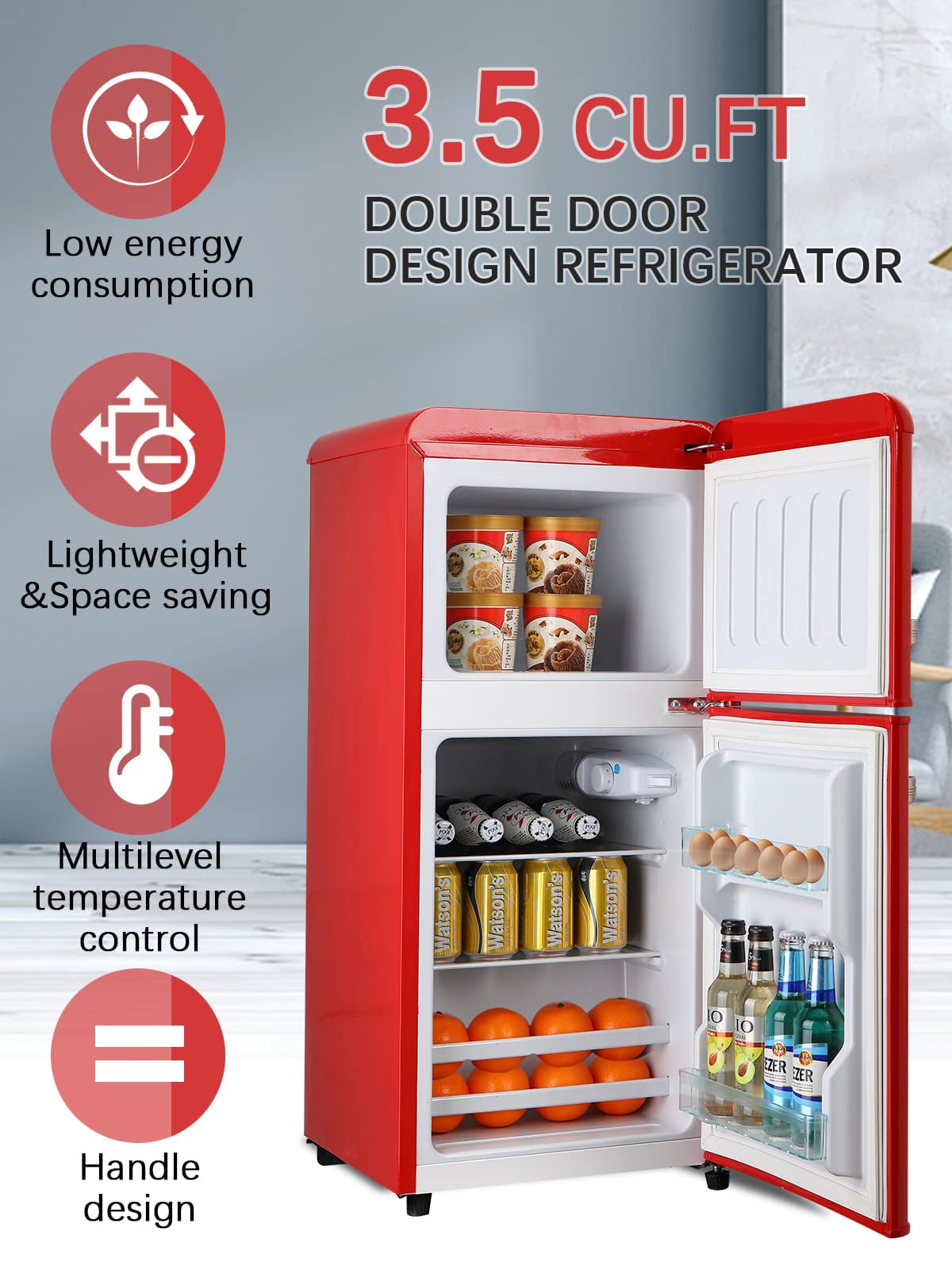 GGTB 3.0 cu.ft Mini Fridge with Freezer, Compact Double Door Refrigerator, 7-Temp Settings, Removable Shelves for Dorm, Apartment, Office, Red