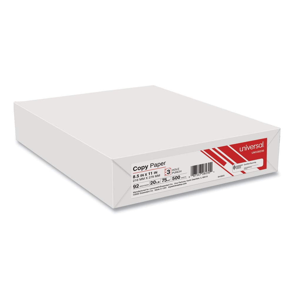 UNIVERSAL Copy Paper 92 Brightness 20lb 8-1/2 x 11 3-Hole Punch White 5000 Shts/Ctn 28230