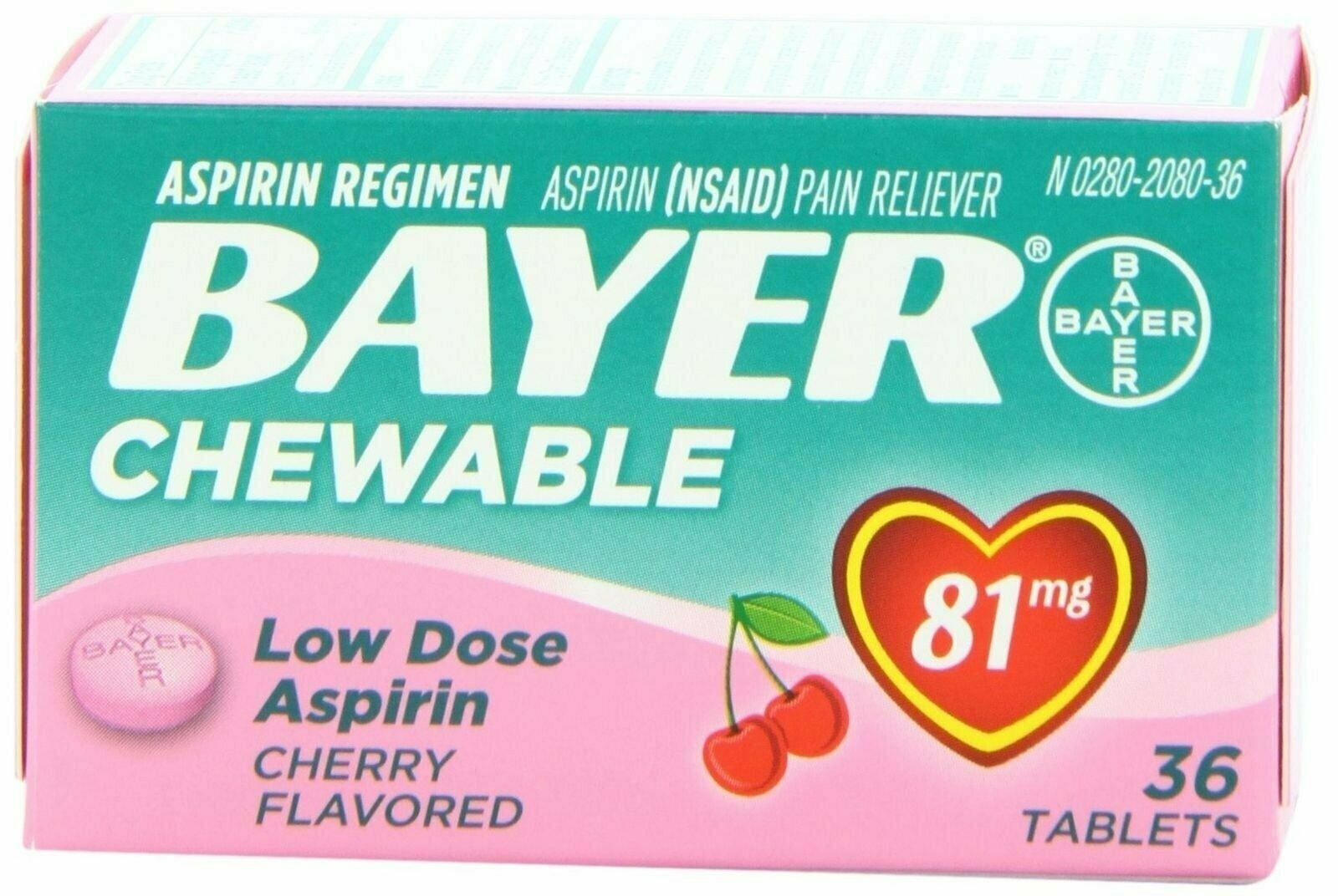 Bayer Low Dose Aspirin Regimen Pain Reliever Cherry Flavor 36 ct, 5-Pack