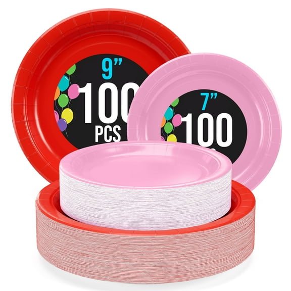 Exquisite Valentines Disposable Heavy Duty Paper Plates, 7 Inch Pink & 9 Inch Red, 200 Count, 350 GSM