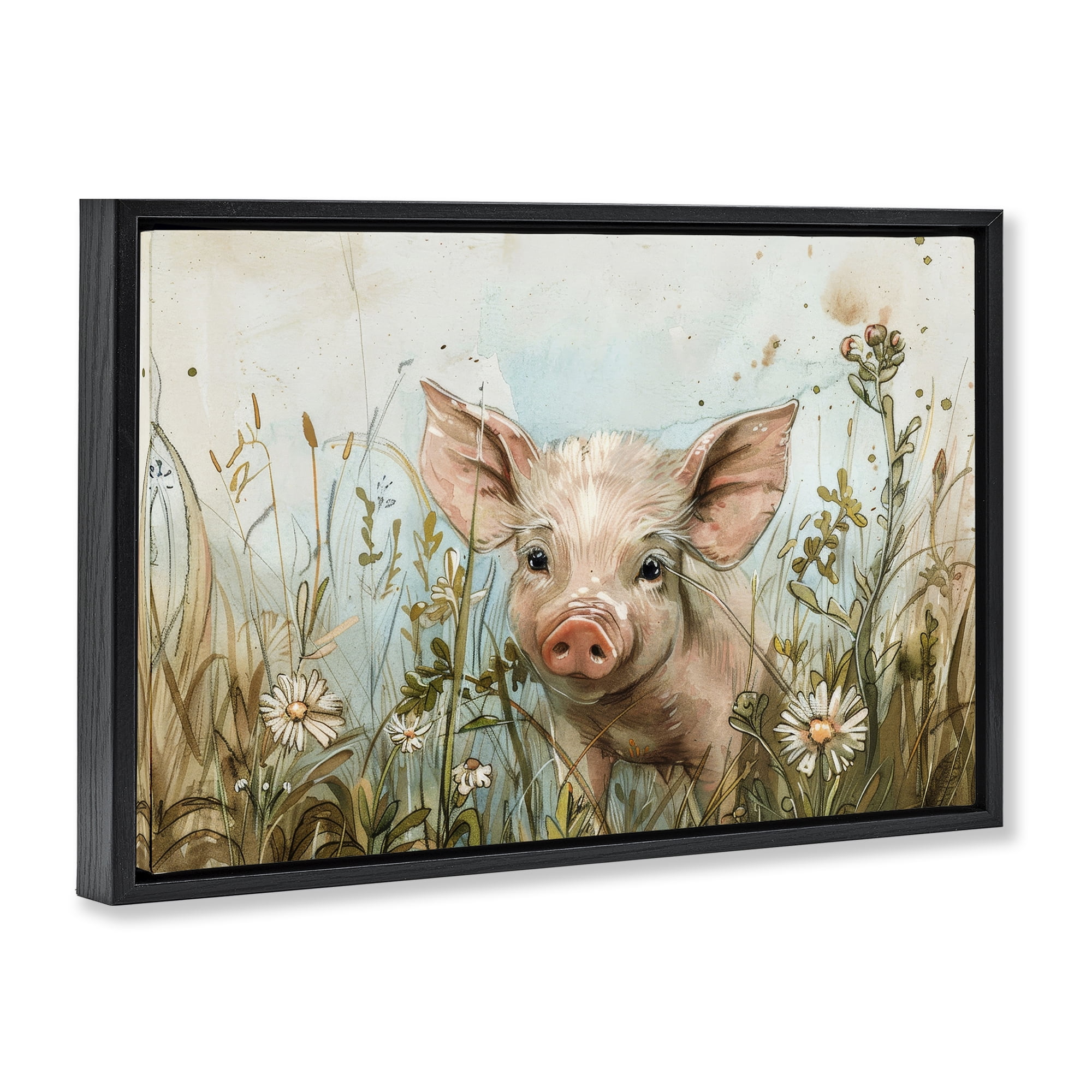 Stupell Industries Piglet Among Flowers Animals & Insects Painting Black Floater Framed Canvas Art Print Wall Art, 25 x 17