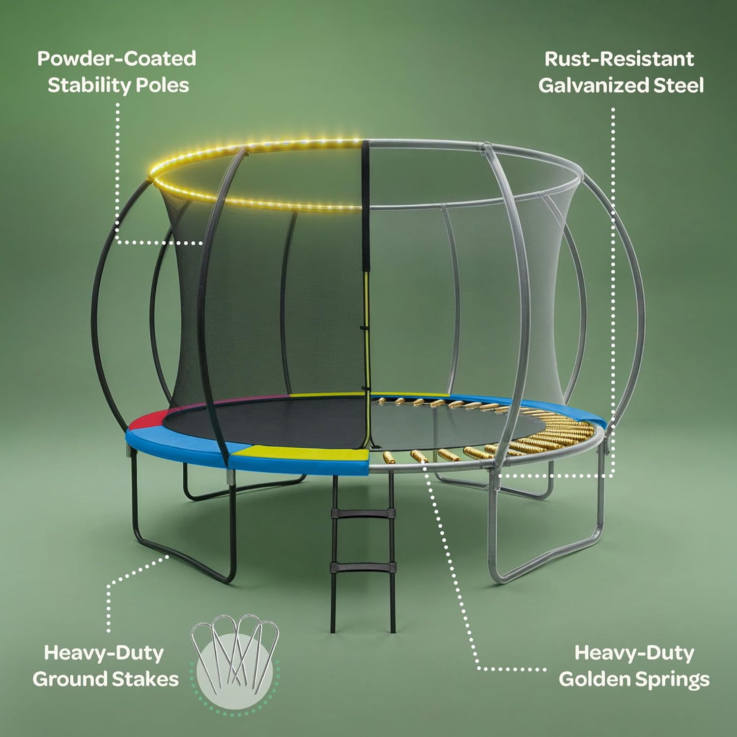 JoyBerri Rebounder Trampoline for Adults and Kids – Outdoor Recreational Trampoline with Safety Enclosure Net, Ladder, LED Lights & Sprinkler – ASTM Certified Family Fun Trampoline - Colorful