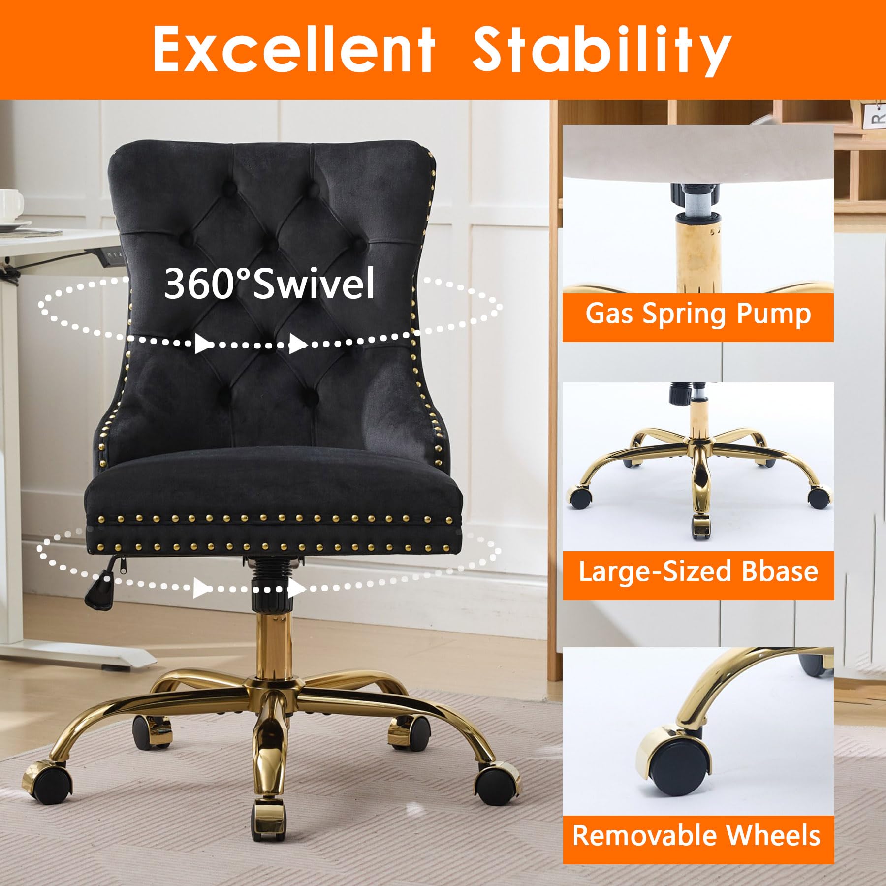 Pawverly Velvet Upholstered Office Chair, Tufted Button Swivel Desk Chair with Adjustable Height, Gold Metal Base & Wheels, Modern Vanity Chair, Black