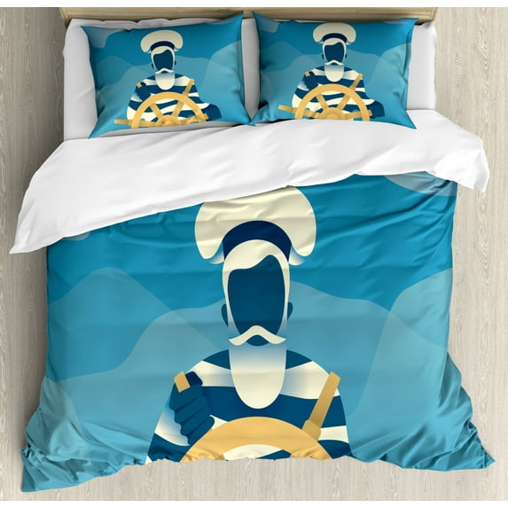 Blue Nautical Duvet Cover Set King Size, Illustration of a Sailor on Boat Steering Wheel Seaman in Ocean, Decorative 3 Piece Bedding Set with 2 Pillow Shams, Pale Orange Cream Blue, by Ambesonne