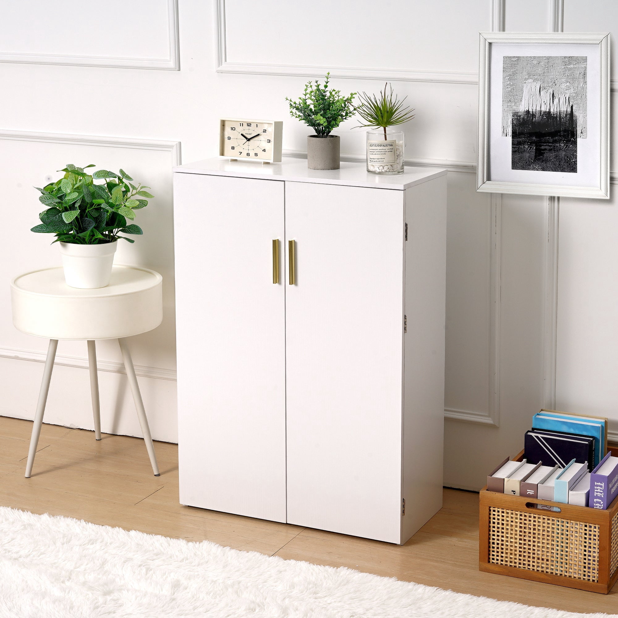 VECELO Kitchen Pantry Cabinets, Food Storage Cabinet with 2 Doors & Adjustable Shelves, Freestanding Small Cupboard for Living Room, Dining Room, Home Office, White