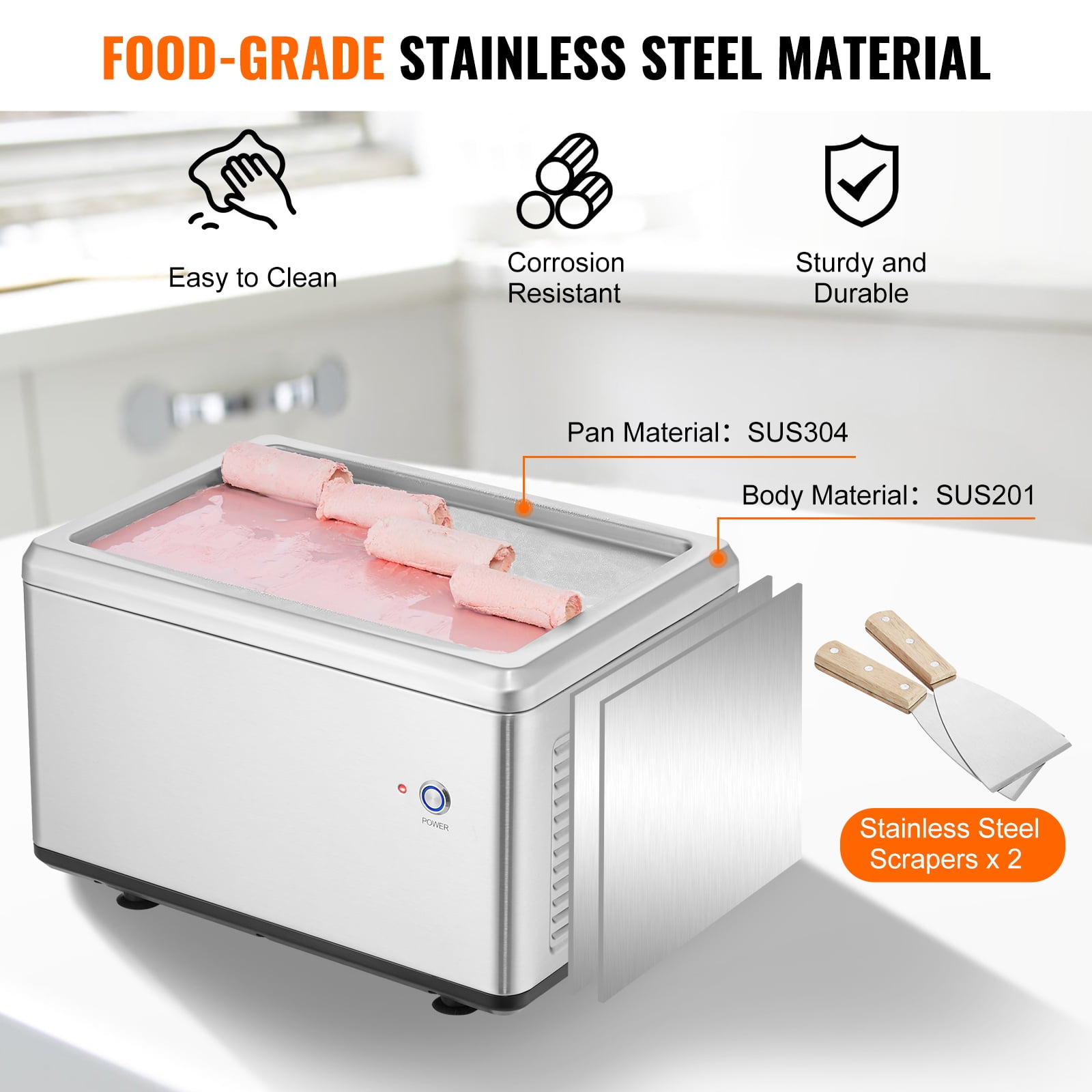 KFFKFF Ice Cream Roll Maker, 12.6" x 8.5" Pan for Stir-Fried Ice Cream, Stainless Steel with Compressor & 2 Scrapers, Ideal for Ice Cream, Frozen Yogurt, Ice Cream Rolls