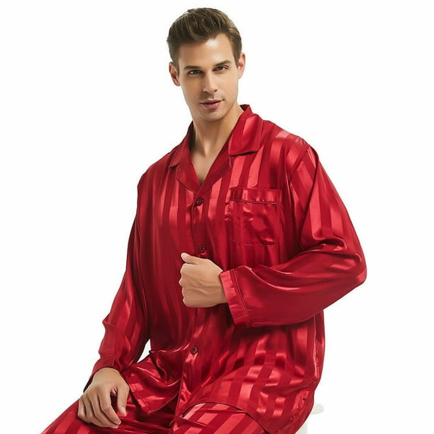 Xiaodriceee - Men Satin Silky Sleepwear Pajamas Sets Long Sleeve Undershirts + Long Pant