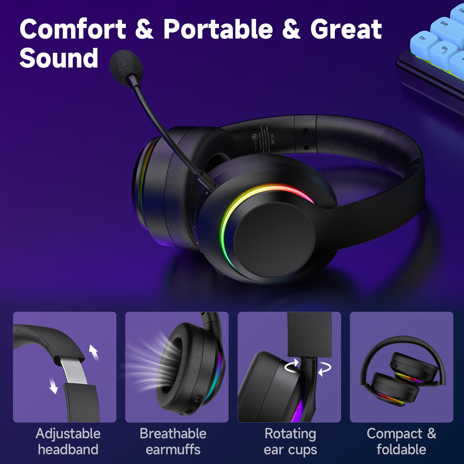 AYEDLOE Wireless Gaming Headset for PC, PS5, Switch, Mac with Bluetooth 5.4, 2.4GHz USB Gaming Headphones with Detachable Noise Canceling Mic, 3.5mm Wired Mode for Xbox Series, Black