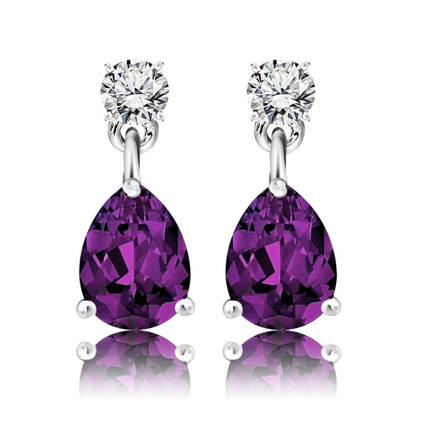 JeenMata Pendientes Clásicos de Oro Blanco de 18 K sobre Plata con Amatista, Piedra Natal de Febrero, con Corte Redondo y en Forma de Pera de 2,5 Quilates, para Mujer
