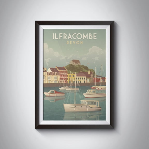 Ilfracombe Devon Harbour Seaside Sailing Art Deco Artwork, Unframed Paper Poster 8x10in