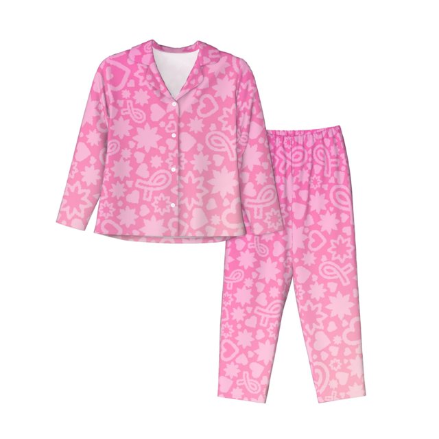 Saiise Breast Cancer Pink Ribbons Awareness Pattern Women's Long-Sleeved Pajama Set Button Front Sleepwear with Pockets Lounge Set for Home Relax Nightwear-Small