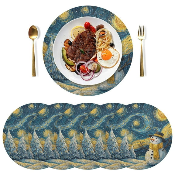 Qxltty 15inch Round Placemats Set of 6 Polyester Fabric Heat Resistant Washable Table Mat for Kitchen Party Decor Starry Night Snowman