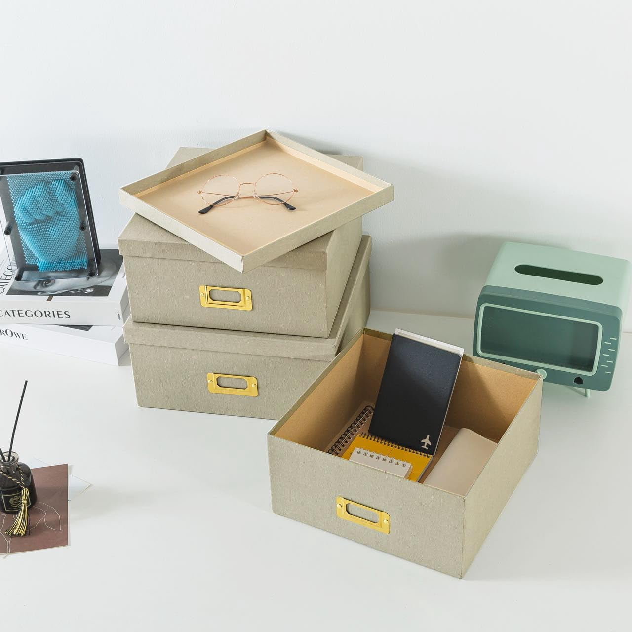 Square Stacking Boxes with Lids and Gold Label Holders, Decorative Photo Storage, Nesting Cardboard Set for Decor and Organizing