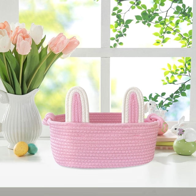 Voxware Easter Basket Bunny Bag Rabbit Ears Tote Candy Gift Portable Storage Handmade Cloth Rope Reusable Suitable for Children Gift Giving Easter Parties Hom pink
