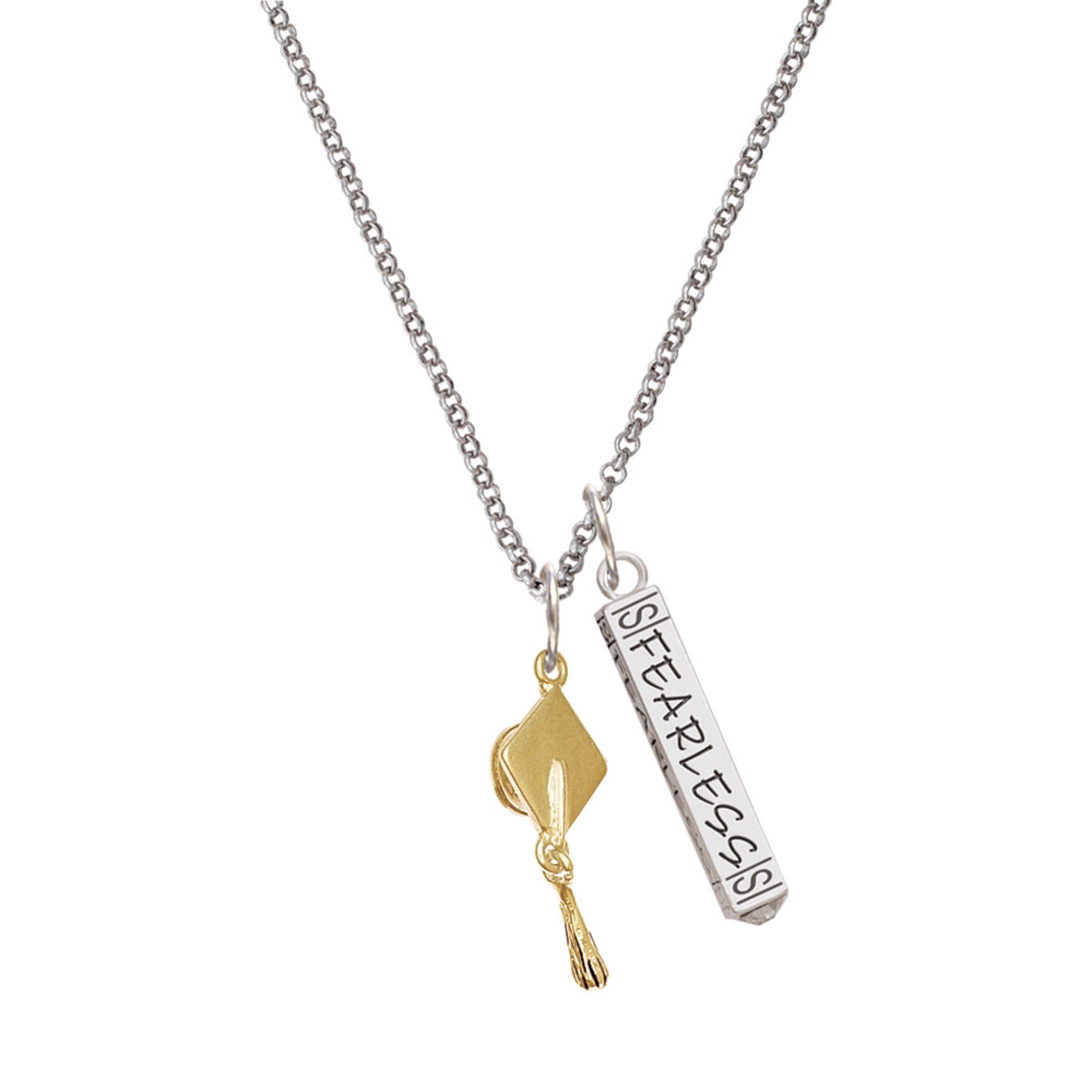 Delight Jewelry Goldtone Graduation Hat Silvertone Fearless Bar Charm Necklace, 23"