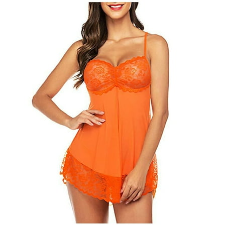 

Women Lingerie Sexy Plus Size Lingerie Lace Babydoll Womens Strap Chemise Nightgown V Neck Nighty Mesh Sleepwear Side Slit Nightdress Orange Xxl