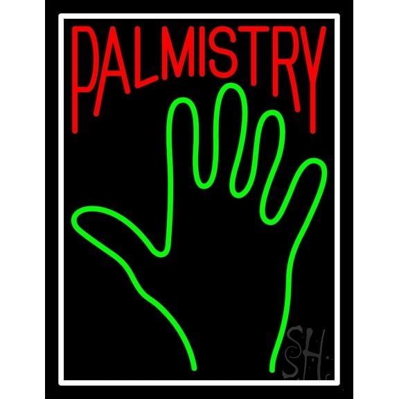 Red Palmistry White Border LED Neon Sign 19" Tall x 15" Wide - inches Black Square Cut Acrylic Backing, with Dimmer - Bright and Premium built indoor LED Neon Sign for Storefront.