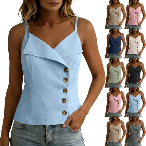 Aezemi Women's Spaghetti Strap Cami Tops, Asymmetrical Button Front Sleeveless Shirts, V Neck Casual Summer Vacation Camisole Tops