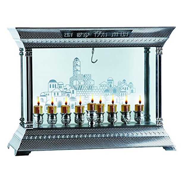 Ner Mitzvah, 12" High, Nickel Plated And Glass Hannukah Oil Cups And