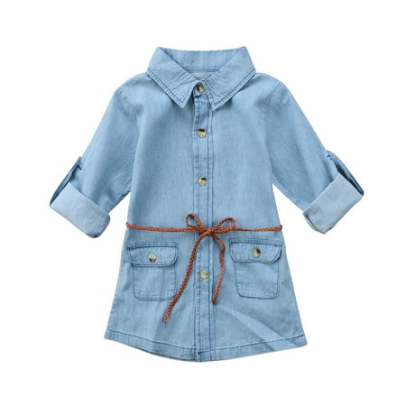 

Long Sleeve Denim Belted Dress For Toddler Girl Clothes