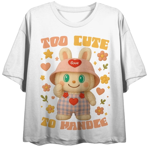 Plush toy, "Too cute to Handle", Flowers and hearts as side elements on White Adult Crop Tee-Small