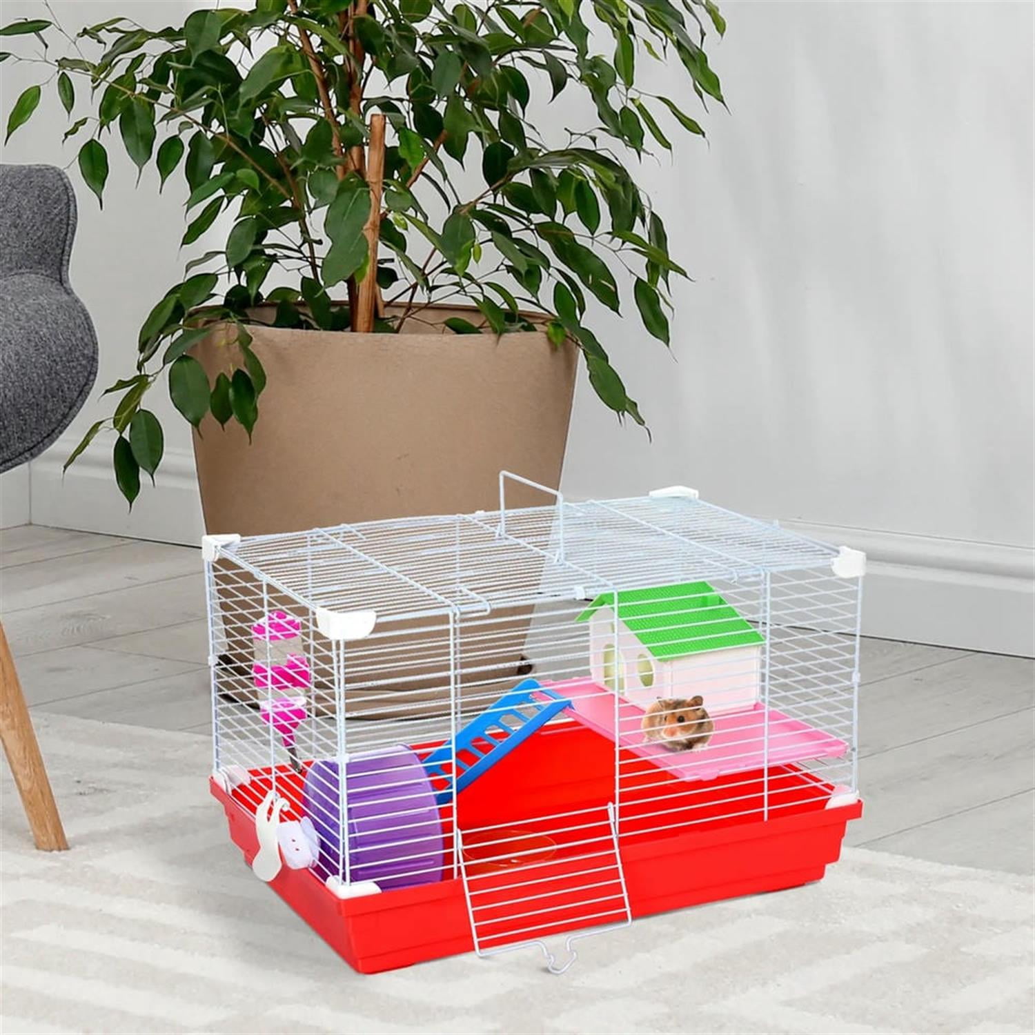 Demi Bonn 18.5" Hamster Cage Starter Kit, 2-Level Small Animal Habitat with Exercise Wheel, Water Bottle, Food Dish & Ladder, Red