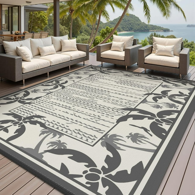 Outdoor Rug 8x10 ft Reversible Patio Rug Mat Outdoor Carpet Waterproof Camping Rugs Plastic Straw Rugs-Patio RV Camper Balcony Backyard Picnic Deck Pool Beach Mat Coconut Palm Leaf Rug Grey & Beige