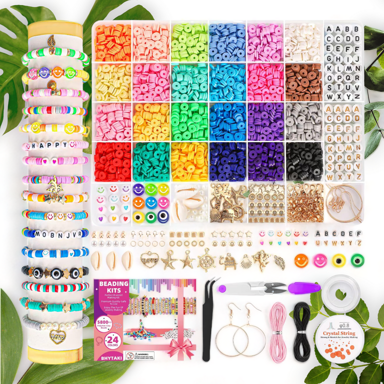 DIY Clay Beads Bracelet Making Kit 5800 PCS 24 Colors Preppy Beads for Friendship Jewelry Polymer Heishi Beads with Charms Arts Crafts