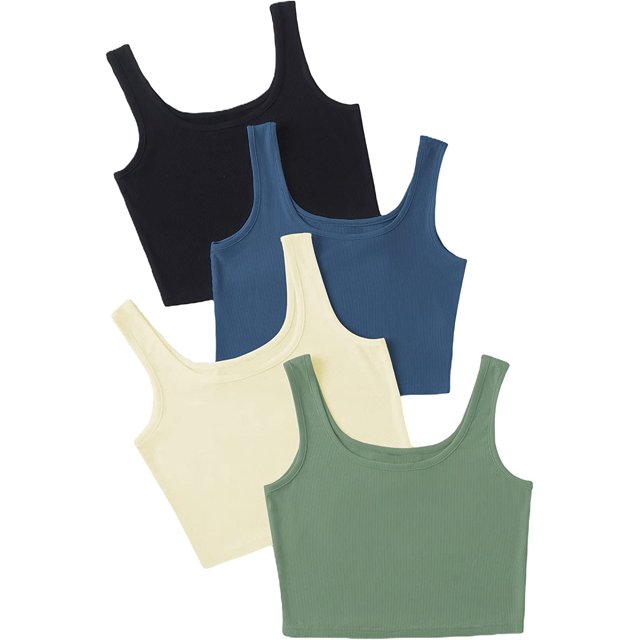4 piezas de cuello redondo sin mangas de punto acanalado para mujer Negro Azul Apricot Green M Negro Azul Apricot Green M Xishao ropa