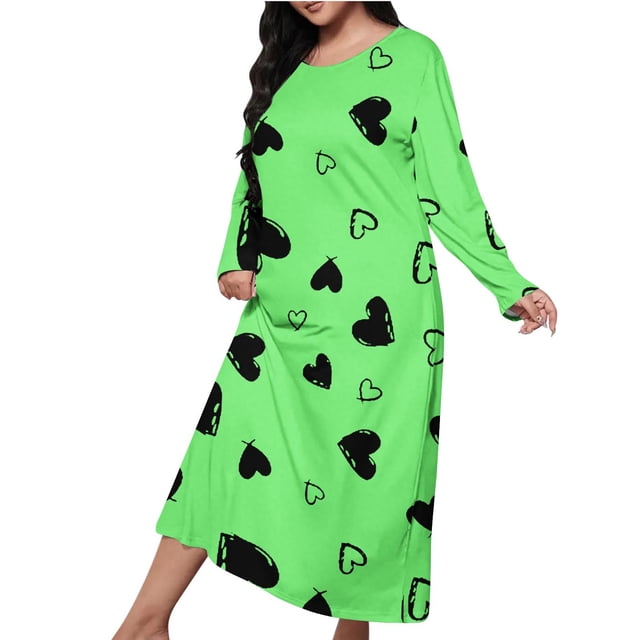 Chemises de Nuit Oversize pour Femmes, Douces et Confortables, Robe de Pyjama à Manches Longues, Mignonne Imprimée, Maxi Ample, Grande Taille (Vert1#, 4TG)
