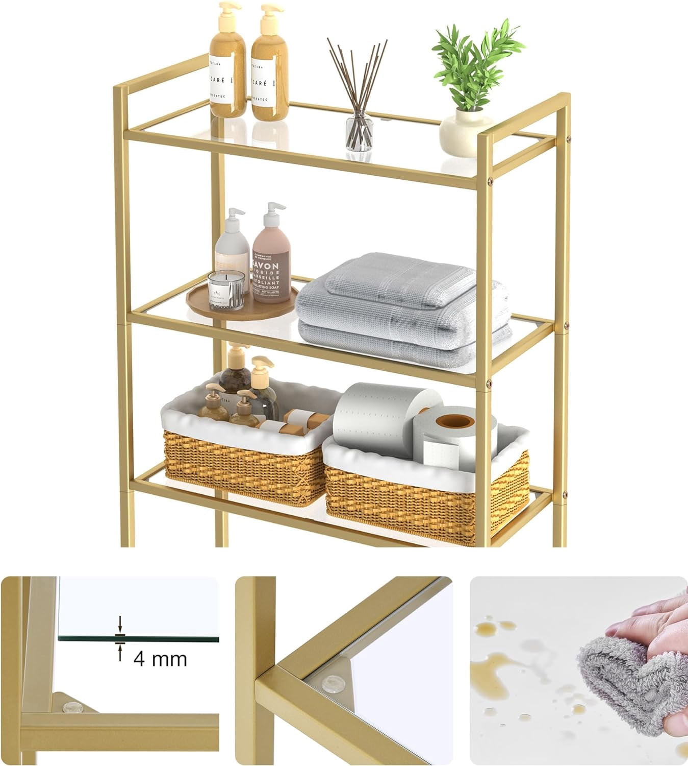 Over The Toilet Storage Metal 3-Tier Bathroom Organizer Rack with Tempered Glass Shelves Space-Saving Modern Golden