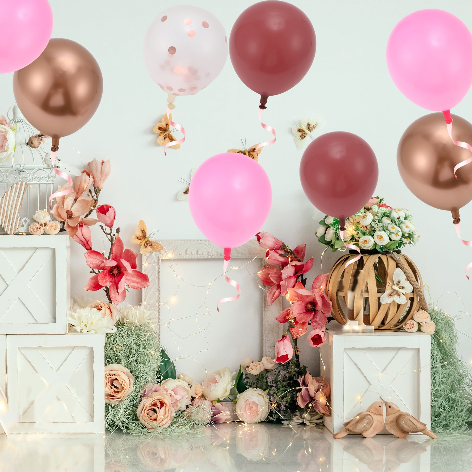 Unique Bargains Latex Party Balloons with Ribbon Pink Red Gold Tone Clear 10inch 20Pcs