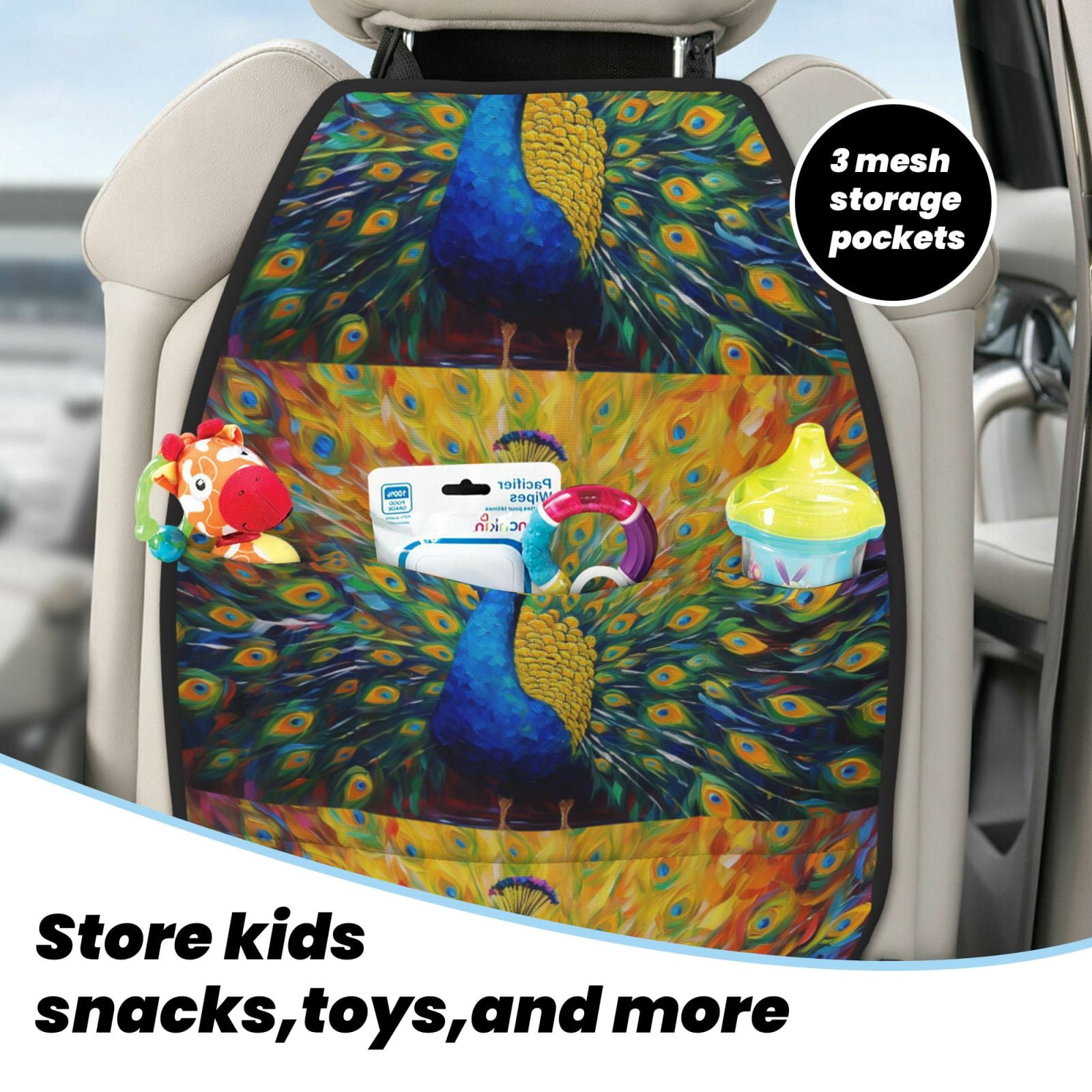 Xecao Peacocks Pattern Car Seat Back Protector 2 Pack Large Capacity Pocket, Kick Mats Back Seat Protector
